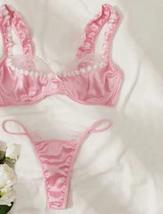 Pink Satin Flower Strap Lingerie Set - Free From Label