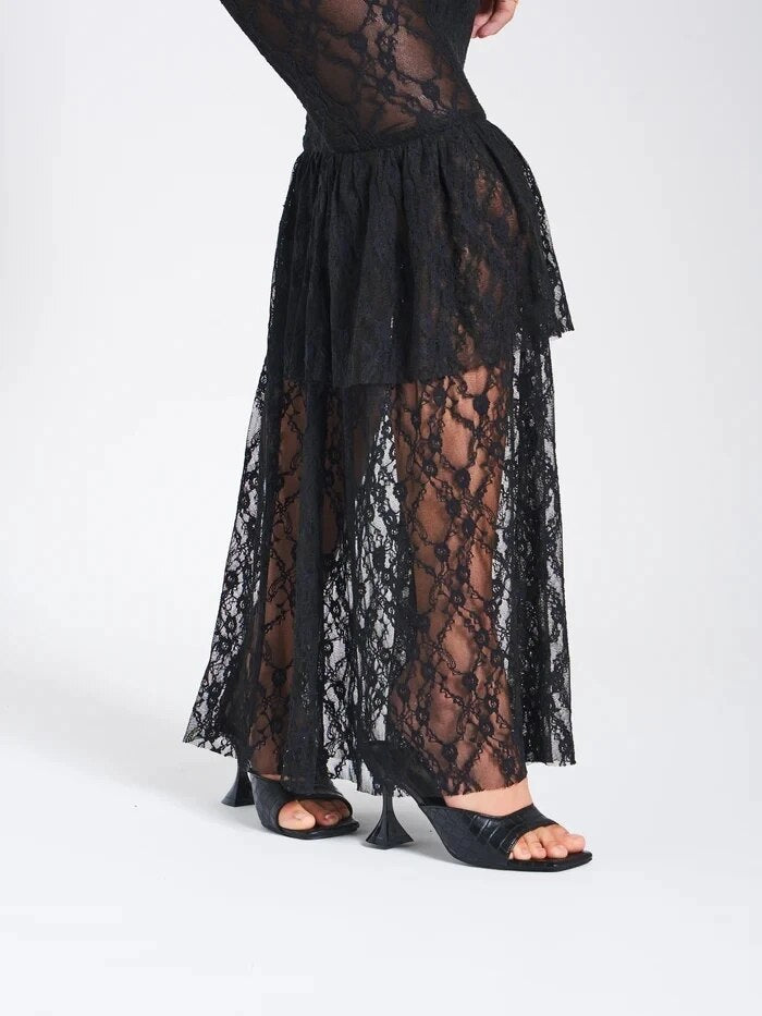 Black Lace Frill Sheer Tube Corset Maxi Dress – Free From Label