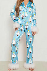 Christmas Satin Feather Trim Button-down Shirt And Pants Pj Set