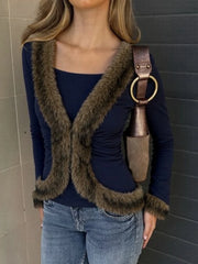 Blue V-Neck Fur Trim Cardigan Jacket