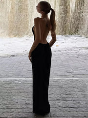 Black Open Back Strap Drape Maxi Dress