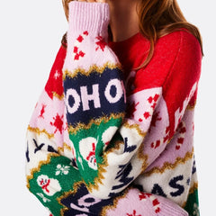 Colorful sweater with 'HO HIO' text held by a person 