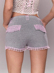 Pink Lace Hem Low Waist Grey Shorts