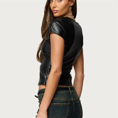 Black Short Sleeve Faux Feather Top