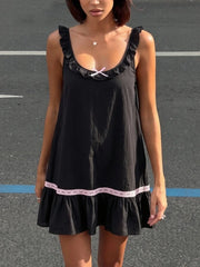 Bow Tie Sleeveless Trim Babydoll Mini Dress
