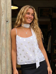 Polka Dot Camisole Mesh Backless Tank Top With Scarf