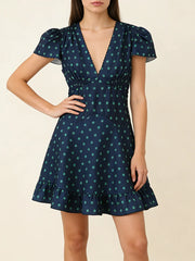 Navy Floral Print V Neck Puff Sleeve Mini Dress