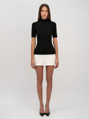 Mock Neck Short Sleeve Contrast Black N White Mini Dress