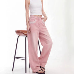 Pink Lace Trim Wide Leg Jeans