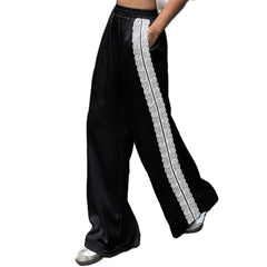 Satin Lace Trim Elastic Waist Wide Leg Pants