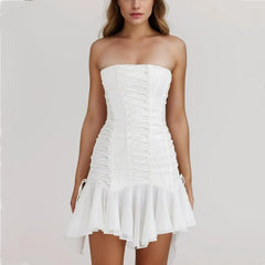 White Strapless Lace Up Frill Mini Dress