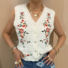 Knit V-Neck Floral Embroidery Vest