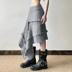 Grey Irregular Knitted Midi Skirt
