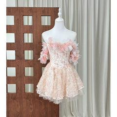 3D Floral Slash Neckline Embroidered Mini Dress