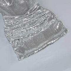 Silver Sequined Strapless with Fish Bones Waist Cinching Mini Dress