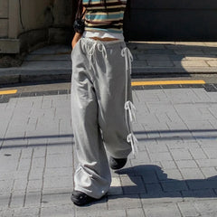 Grey Stripe Ribbon Drawstring Sweatpants