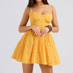 Yellow Strap Jacquard Lace Mini Dress