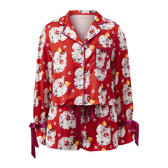Christmas Long Sleeve Santa Claus Print Top with Elastic Waist Shorts Pajamas Set