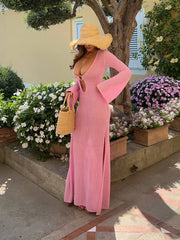 Knitted Long Sleeve Deep V-Neck Ring Detail Maxi Dress