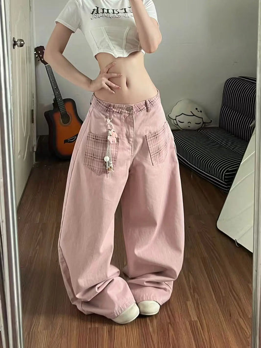 Pink Plaid Patchwork  Wide Leg Denim Jeans