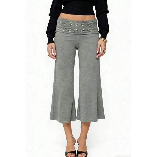 Ring Wasit Details Wide Leg Capri Pants