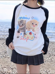 Cat Kitten Print Long Sleeve T-Shirt Pullover