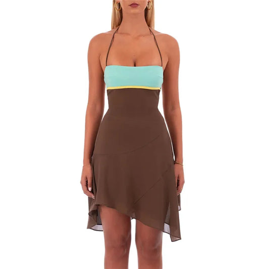 Colour Block Criss Cross Back Asymmetric Hem Mini Dress