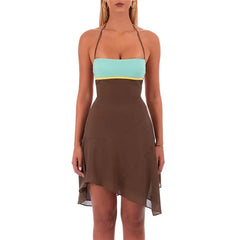 Colour Block Criss Cross Back Asymmetric Hem Mini Dress
