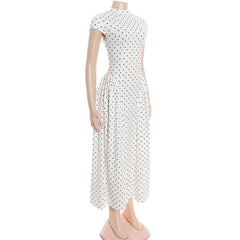 White Polka Dot High Neck Short Sleeve Dress