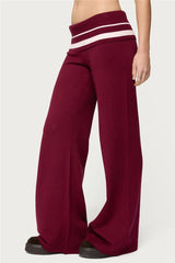 Burgundy Low Rise Knit Flare Pants With Contrast Striped Foldover Waistband
