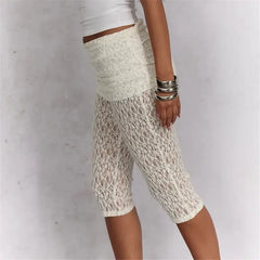 See-Through Lace Ruched Waist Capri Pants