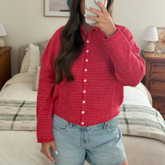 Striped  Crew Neck Open Front Button Down Cardigan