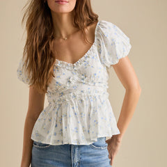 White Floral Short Sleeve Peplum Babydoll Blouse
