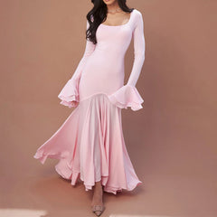 Pink Long Sleeve Ruffle Flare Maxi Dress Free From Label