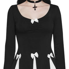 Black Long Sleeve Bow Splice Folds Mini Dress