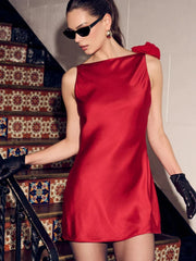 Satin Open Back Strap Flower Draped Mini Dress