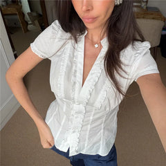White Ruffle Puff Short Sleeve Button Down Top
