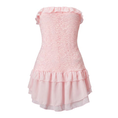 Strapless Lace Bodycon Ruffle Trim Mini Dress