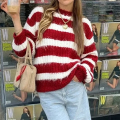 Striped Fuzzy Crew Neck Sweater
