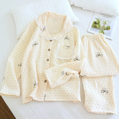 Cotton Polka Dot Bow Print Shirt And Pajama Set