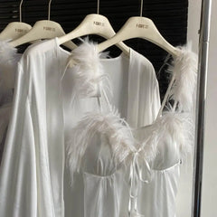 Feather Fur Trim Cami Nightdress And Bathrobe Gown Sleepwear Set