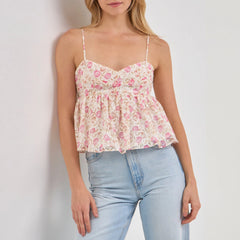 Pink Babydoll Spaghetti Strap Printed Tank Top