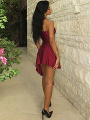 Burgundy Twisted Halter Satin Frill Mini Dress