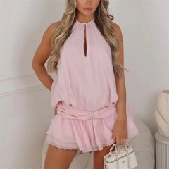 Pearl Halter Neck Open Back Frill Mini Dress