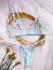 Blue Sheer Floral Lingerie Set