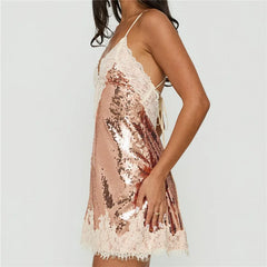 Gold Sequin Lace Trim Spaghetti Strap Mini Dress