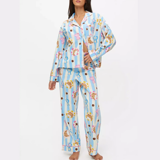 Breakfast Stripe Print Long Sleeve Shirt And Pants Lounge Wear Set