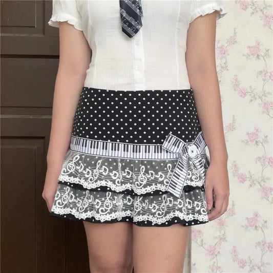 Piano Pleated Polka Dot Lace Patchwork Mini Skirt