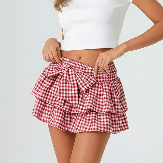 Gingham Layer Bow Tie Elastic High-Waist Mini Skirt