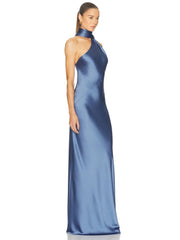 Blue Halter Neck One Shoulder Beaded Tassel Maxi Dress
